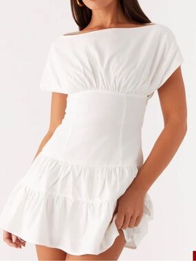 Peppermayo White Off-the-Shoulder Tiered Mini Dress